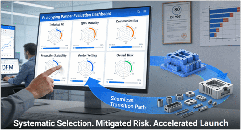 A project evaluation dashboard visually mapping six key criteria for selecting a rapid prototyping partner, with an arrow illustrating the seamless transition from a 3D CAD model to production-ready components, set in a modern engineering office environment.