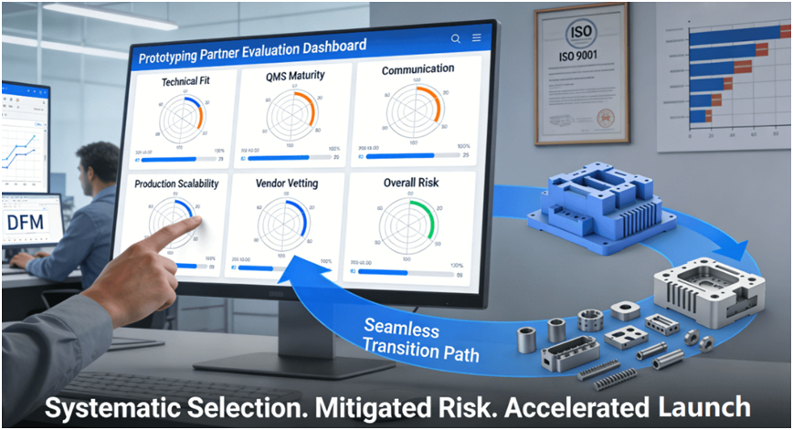 A project evaluation dashboard visually mapping six key criteria for selecting a rapid prototyping partner, with an arrow illustrating the seamless transition from a 3D CAD model to production-ready components, set in a modern engineering office environment.