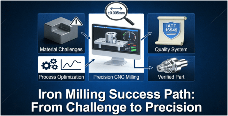 Flow diagram illustrating the optimization path for successful Iron Milling, moving from Material Challenges through Process and Precision CNC Milling, governed by a Quality System like IATF 16949, to yield a Verified Precision Part.