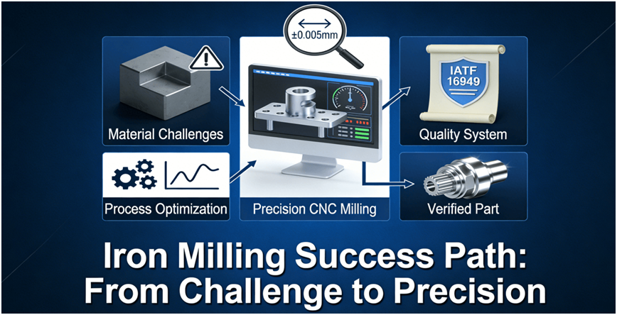Flow diagram illustrating the optimization path for successful Iron Milling, moving from Material Challenges through Process and Precision CNC Milling, governed by a Quality System like IATF 16949, to yield a Verified Precision Part.